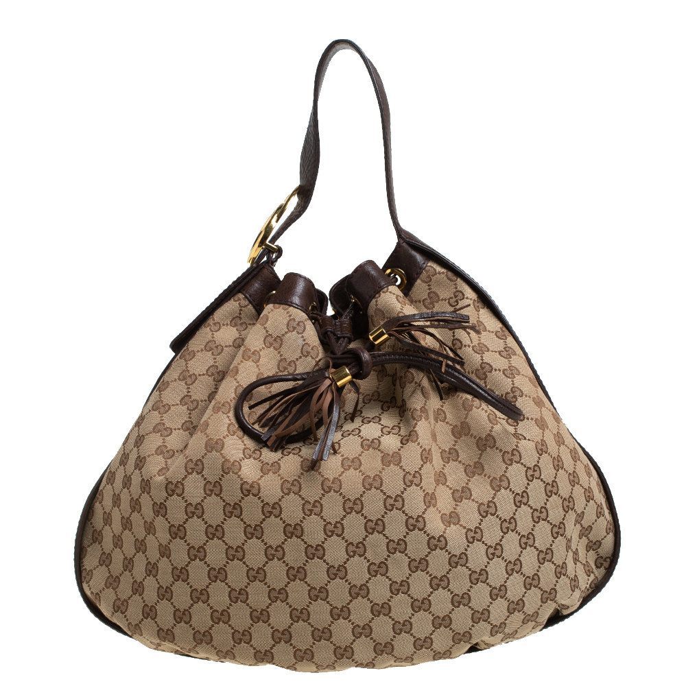 Gucci Beige/Brown GG Canvas and Leather Interlocking Icon Drawstring Hobo