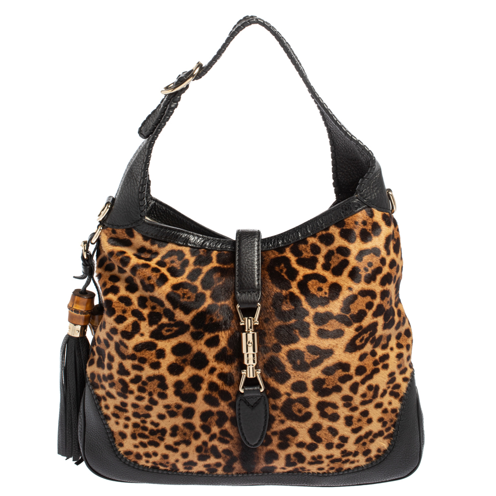 Gucci Black/Brown Leopard Print and Leather Medium New Jackie Hobo