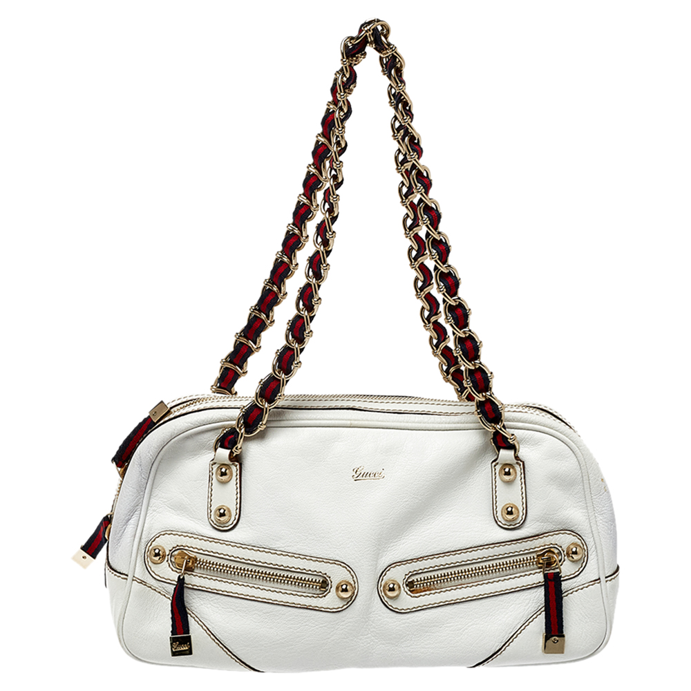 Gucci White Leather Capri Chain Zip Shoulder Bag