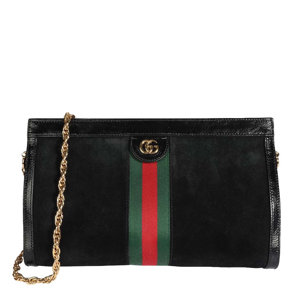 Gucci Black Suede & Patent Leather Ophidia Small Shoulder Bag