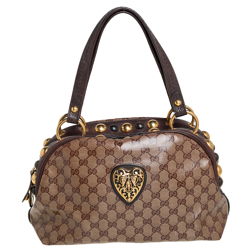 Gucci Beige/Brown GG Crystal Canvas Babouska Crest Dome Bag