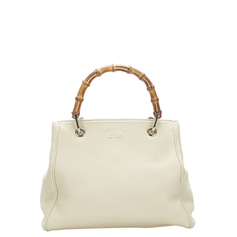 Gucci White Leather Bamboo Shopper Satchel Bag