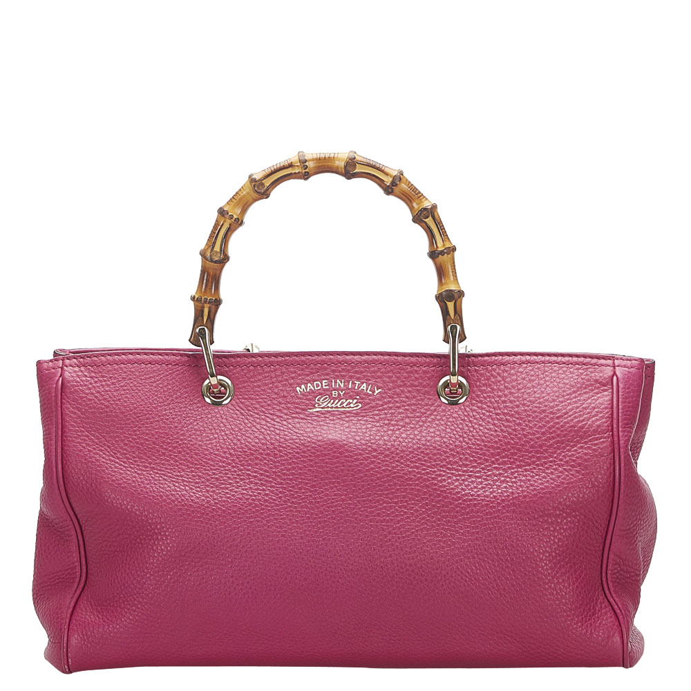 Gucci Pink Leather Bamboo Shopper Satchel Bag
