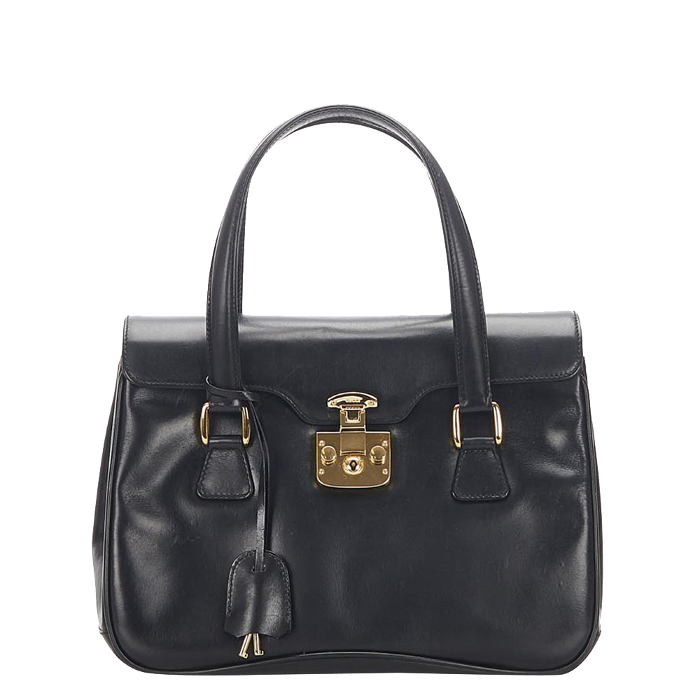 Gucci Black Leather Lady Lock Top Handle Bag