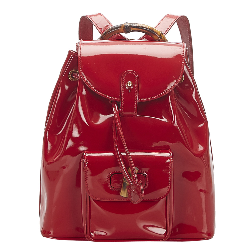 Gucci Red Patent Leather Bamboo Drawstring Backpack