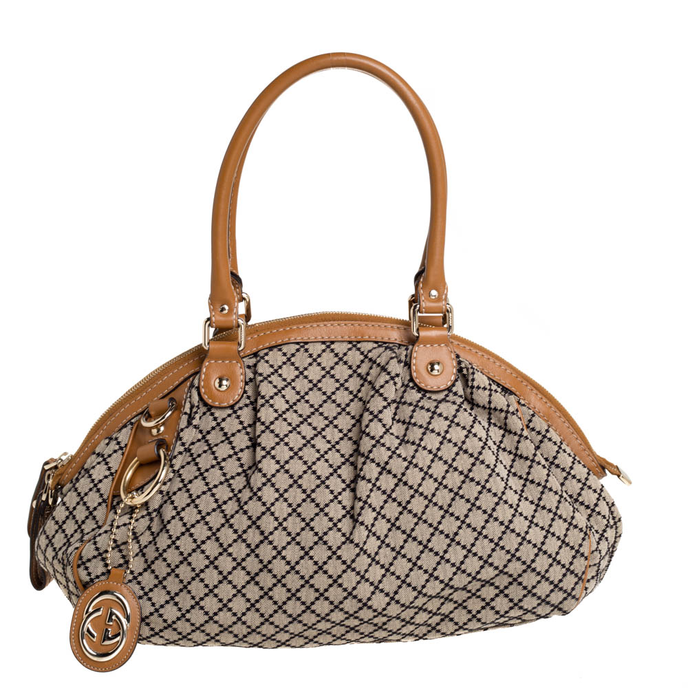 Gucci Beige/Tan Diamante Canvas and Leather Medium Sukey Boston Bag
