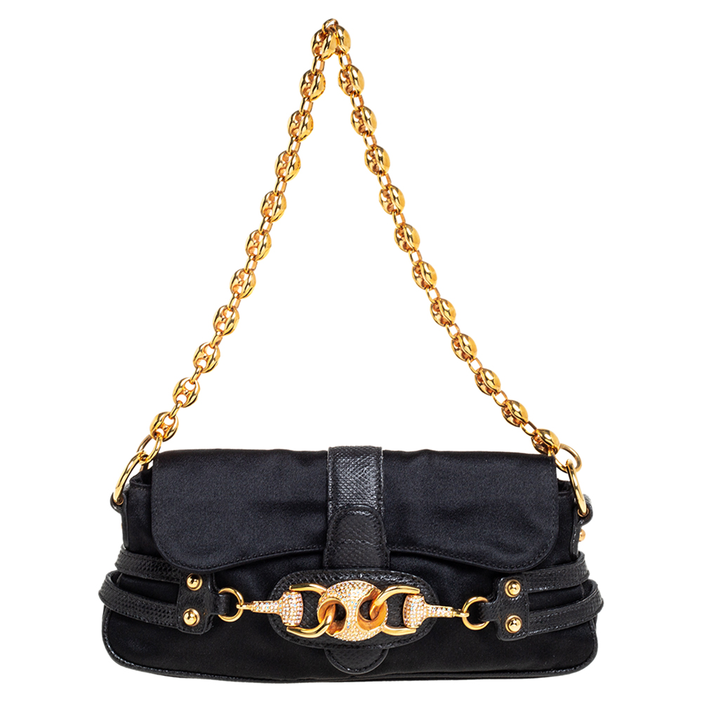 Gucci Black Satin and Karung Skin Leather Horsebit Embellished Pochette Bag
