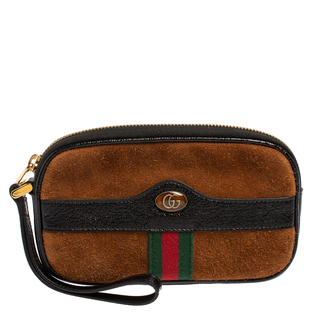 Gucci Brown/Black Suede and Patent Leather Ophidia Wristlet Pouch