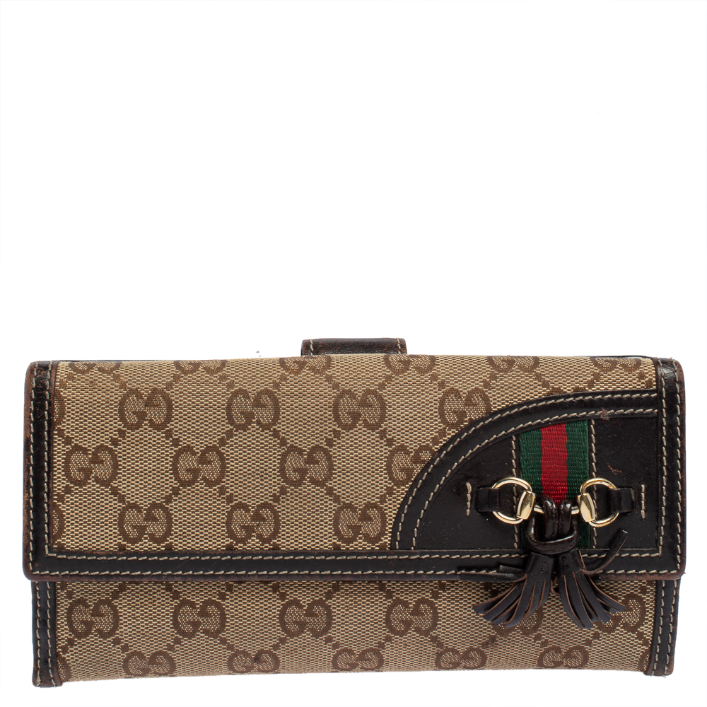 Gucci Beige/Brown GG Canvas and Leather Horsebit Tassel Continental Wallet