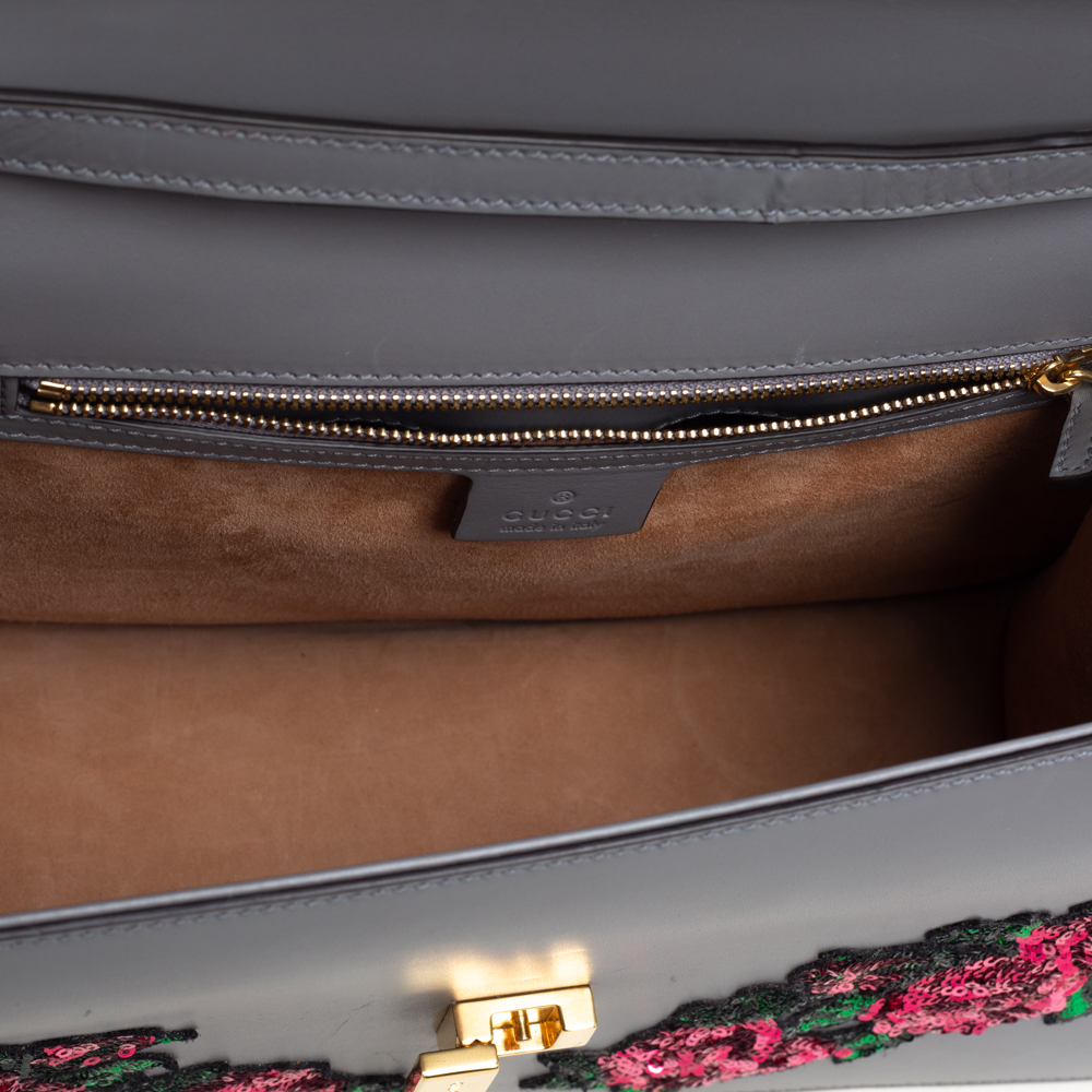 Gucci Grey Floral Sequins Patch Leather Medium Sylvie Top Handle Bag
