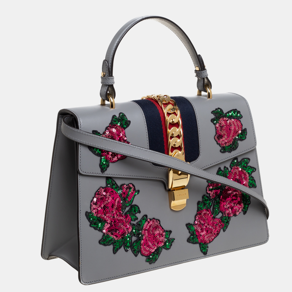 Gucci Grey Floral Sequins Patch Leather Medium Sylvie Top Handle Bag