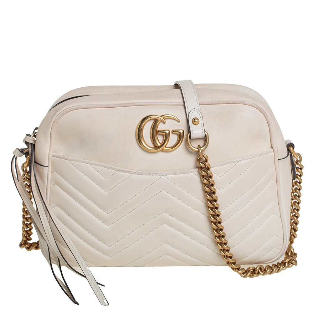 Gucci Off White Matelasse Leather Medium GG Marmont Shoulder Bag