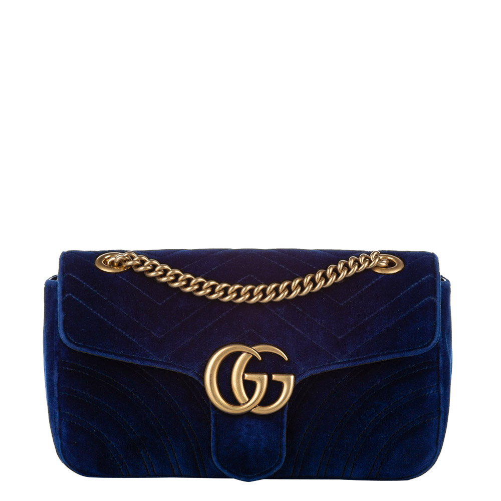Gucci Blue Velvet Small GG Marmont Shoulder Bag