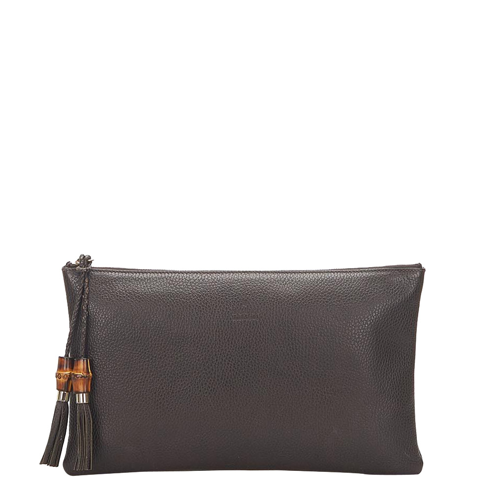 Gucci Brown Leather Bamboo Clutch Bag