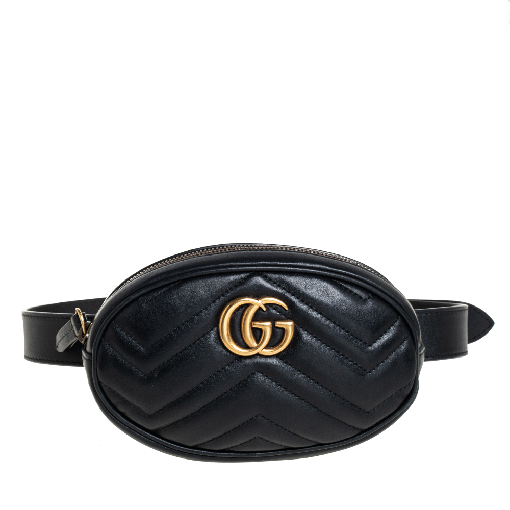 Gucci Black Chevron Leather GG Marmont Belt Bag