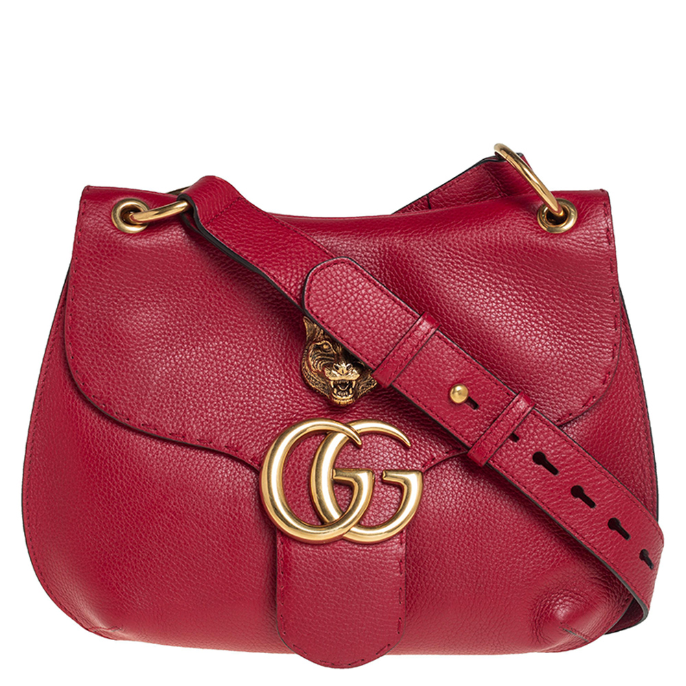 Gucci Red Leather GG Marmont Animalier Flap Shoulder Bag