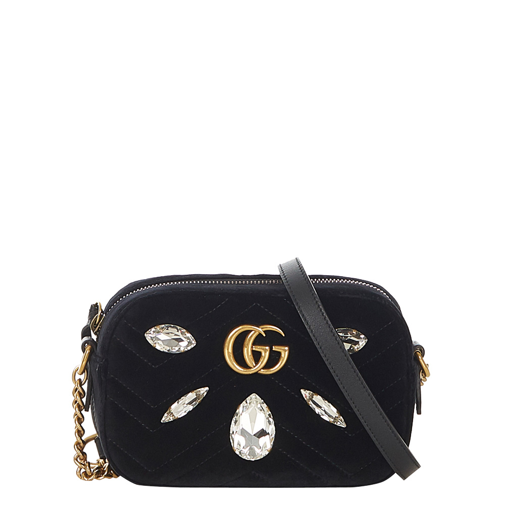 Gucci Black Velvet Small GG Marmont Crystal Embellished Shoulder Bag