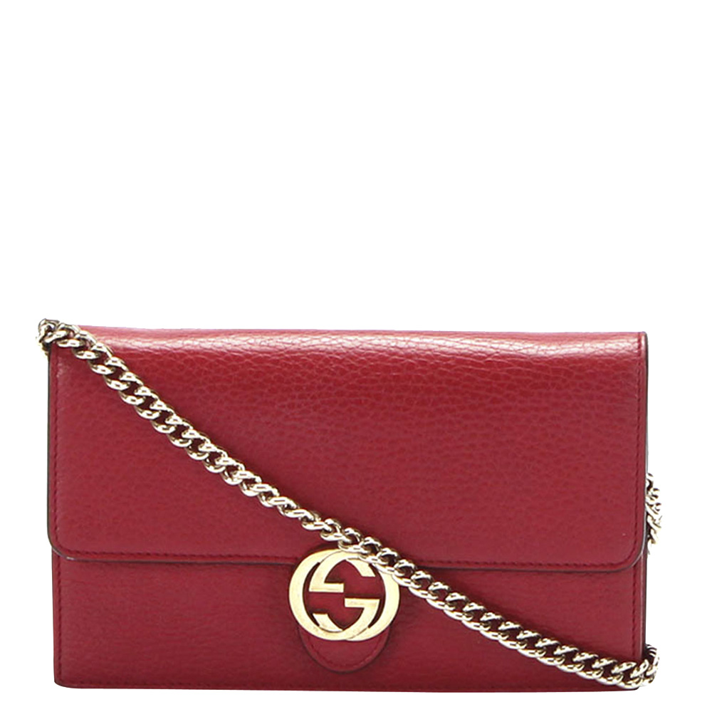 Gucci Red Interlocking G Chain Leather Wallet on Chain Bag