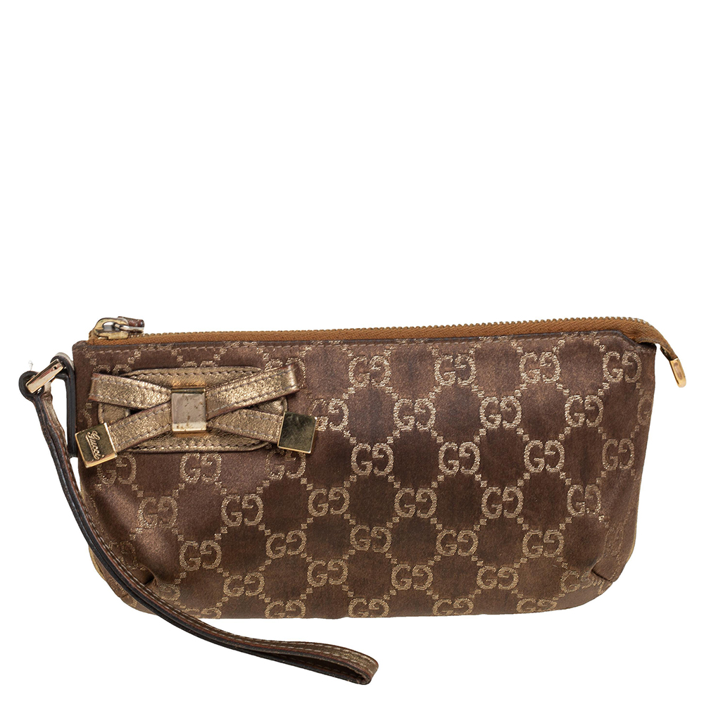 Gucci Brown GG Nylon and Leather Princy Wristlet Clutch