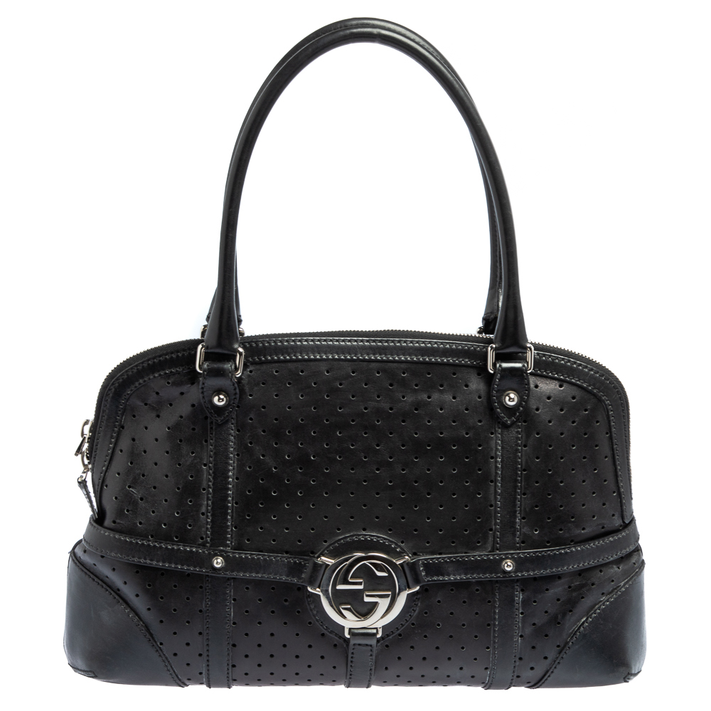 Gucci Black Perforated Leather GG Reins Satchel