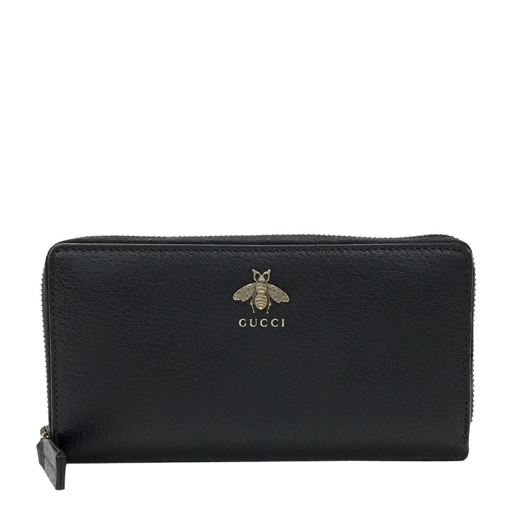 Gucci Black Leather Animalier Bee Wallet