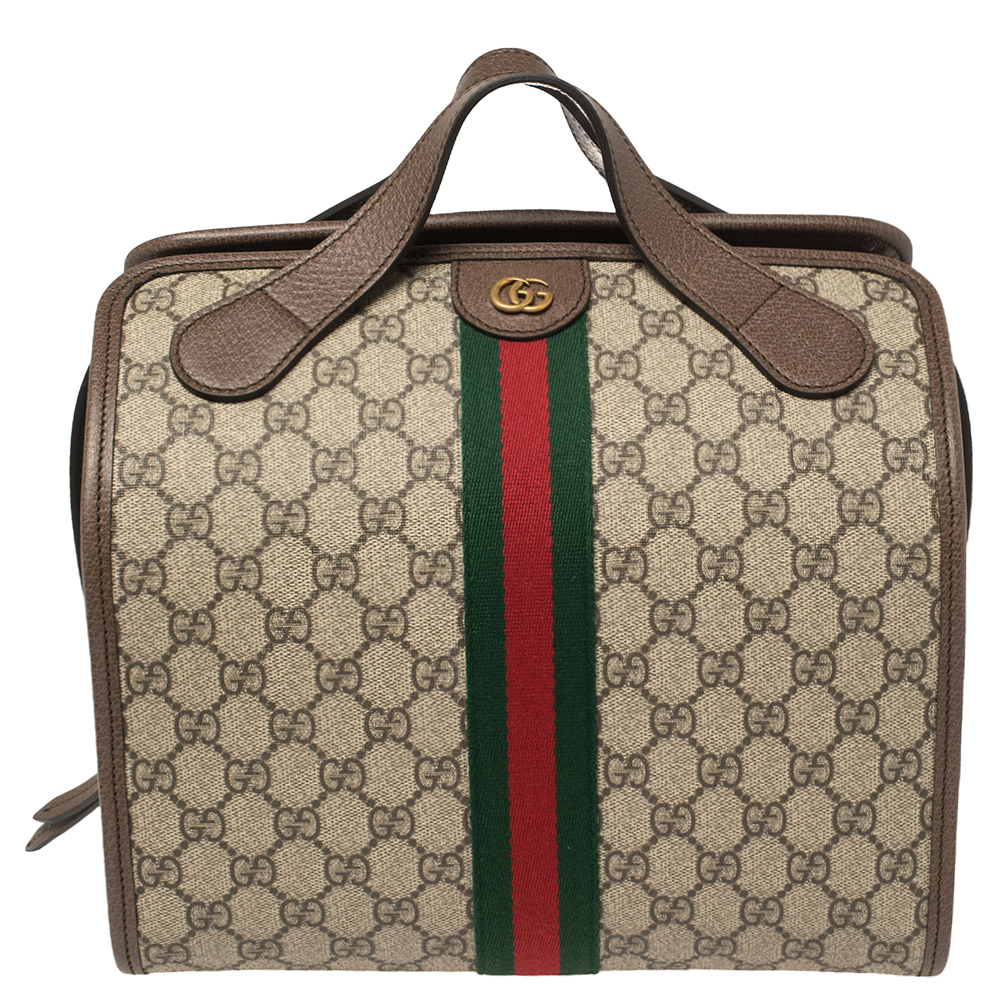 Gucci Beige/Ebony GG Supreme Canvas and Leather Ophidia Boston Bag