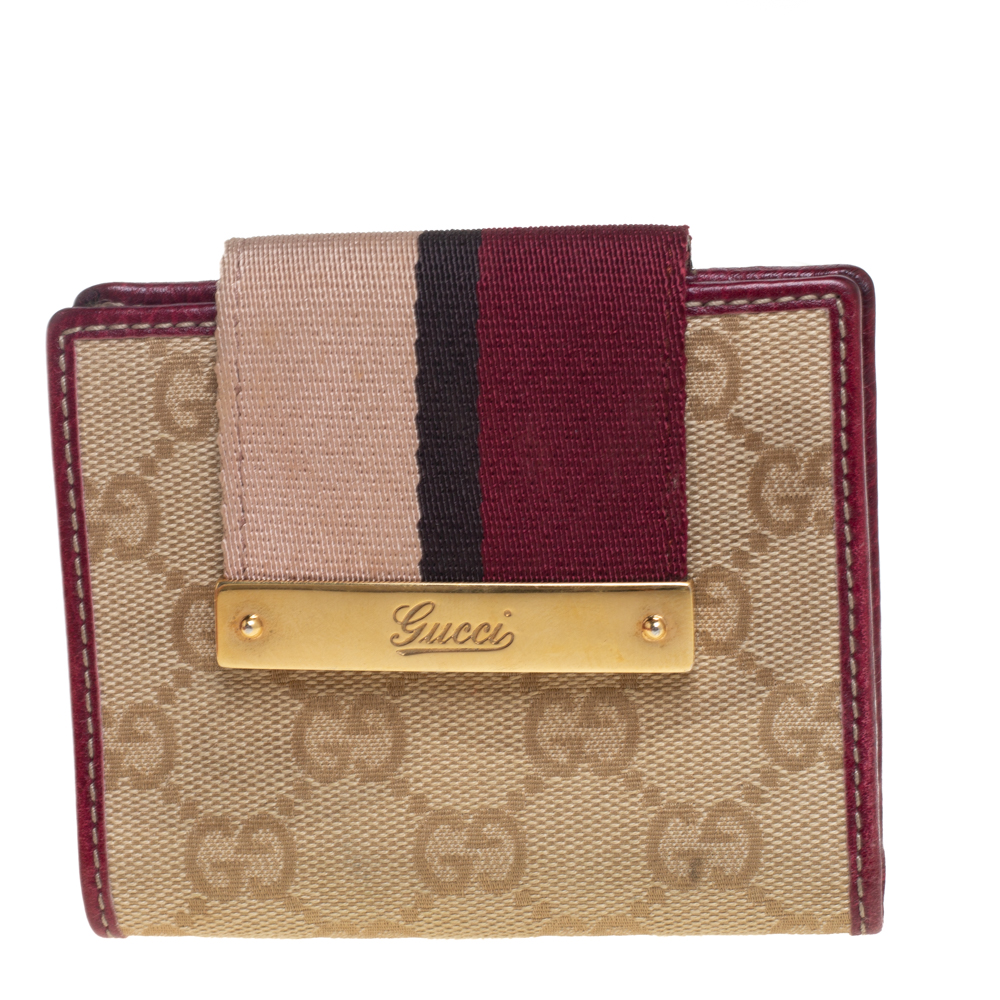 Gucci Beige/Burgundy GG Canvas and Leather Compact Wallet