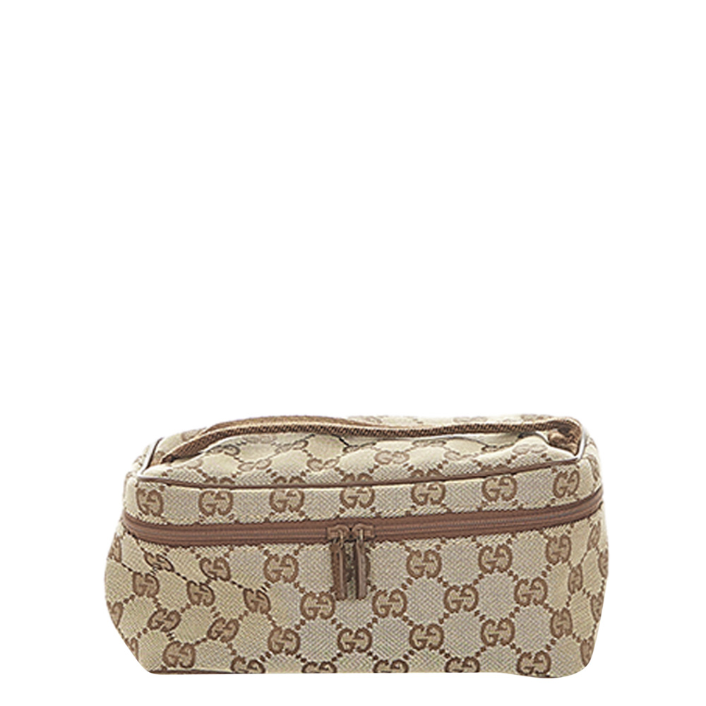 Gucci Brown Canvas Fabric Top Handle Vanity Bag