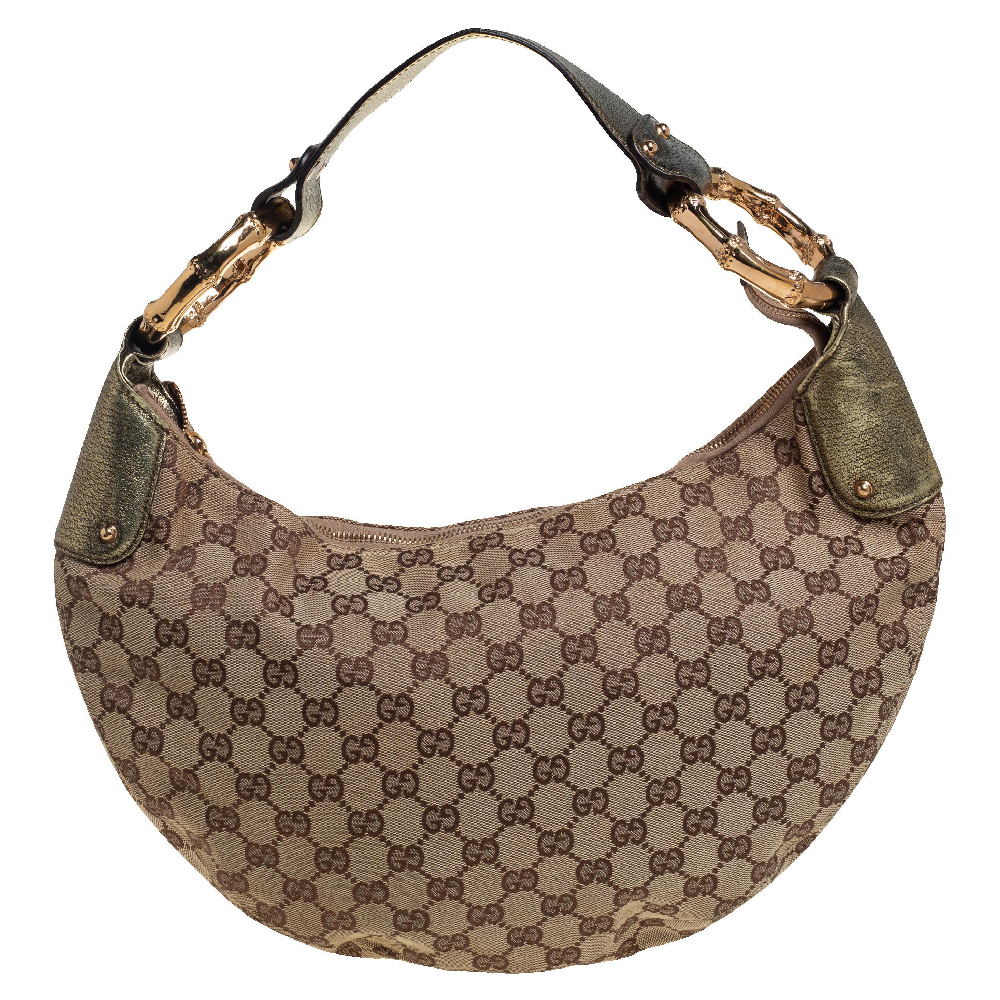 Gucci Beige/Gold GG Canvas and Leather Medium Bamboo Ring Hobo