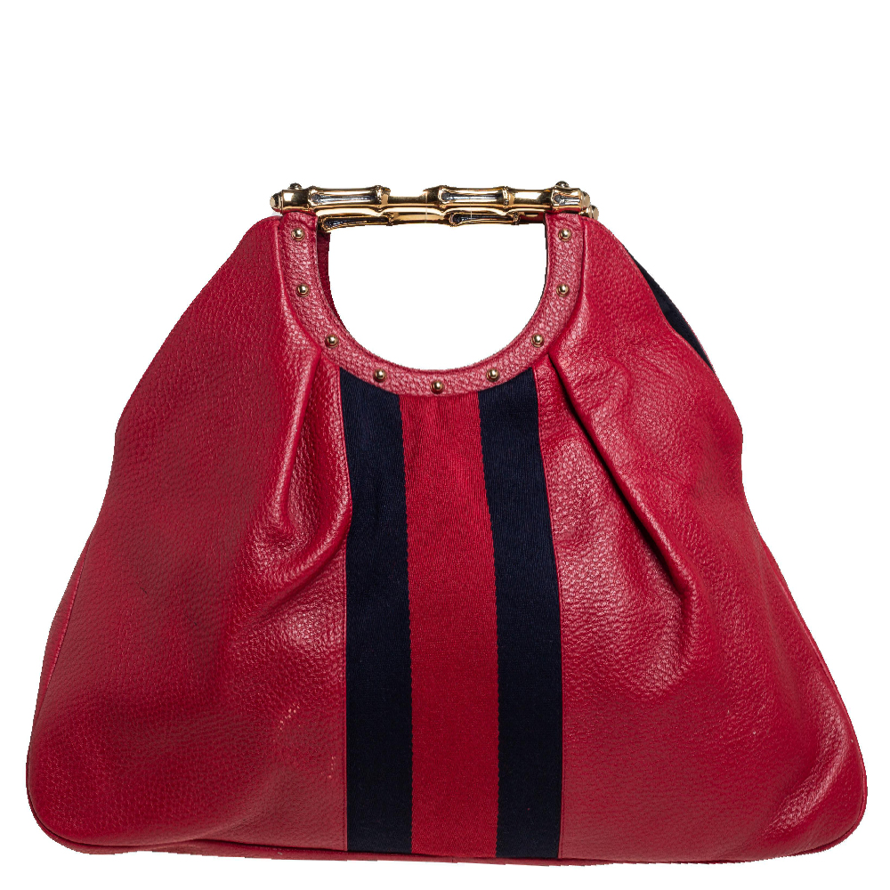 Gucci Red Leather Web Metal Bamboo Tote