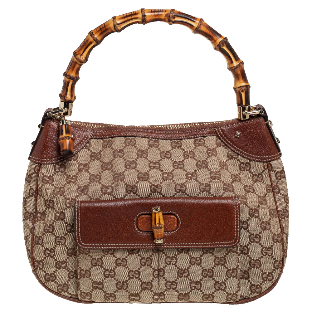 Gucci Beige/Brown GG Canvas and Leather Bamboo Hobo