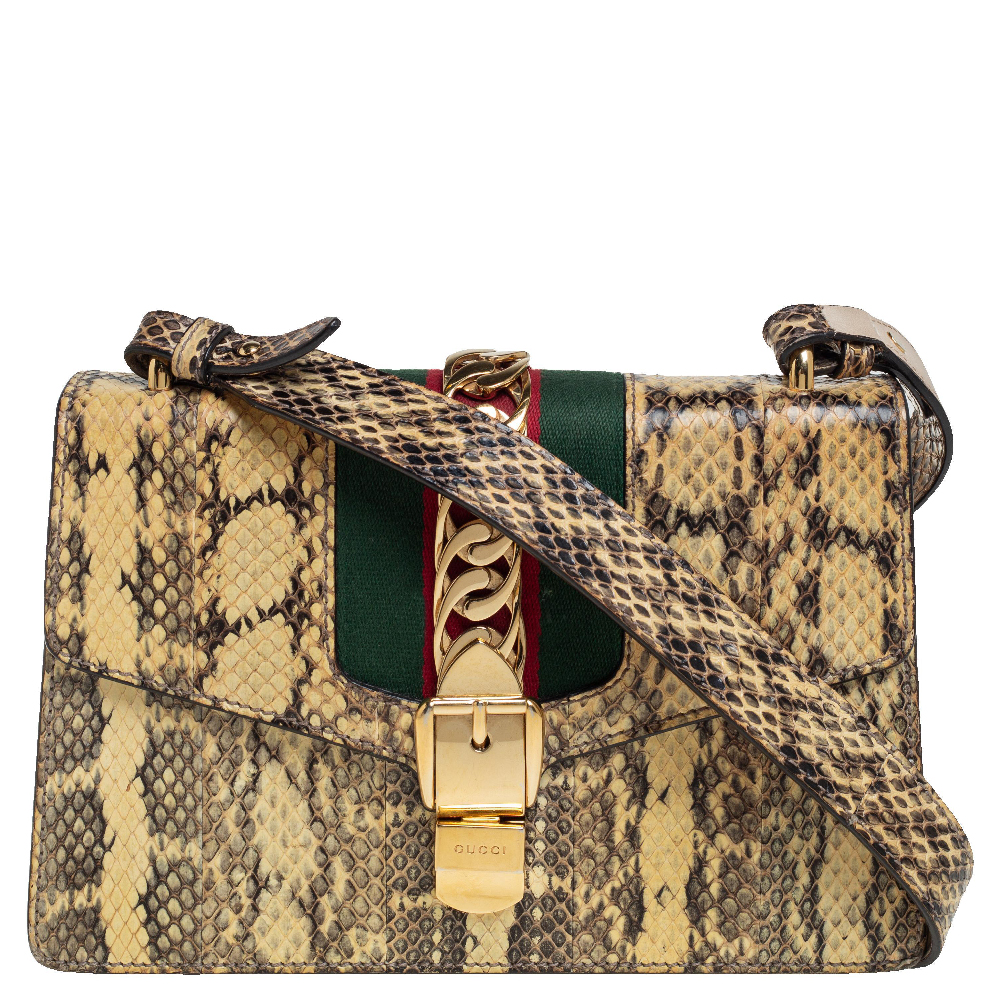 Gucci Cream Snakeskin Small Web Chain Sylvie Shoulder Bag