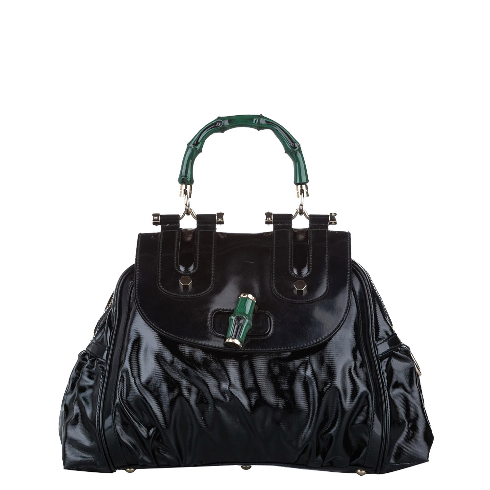 Gucci Black Leather Dialux Pop Bamboo Top Handle Bag