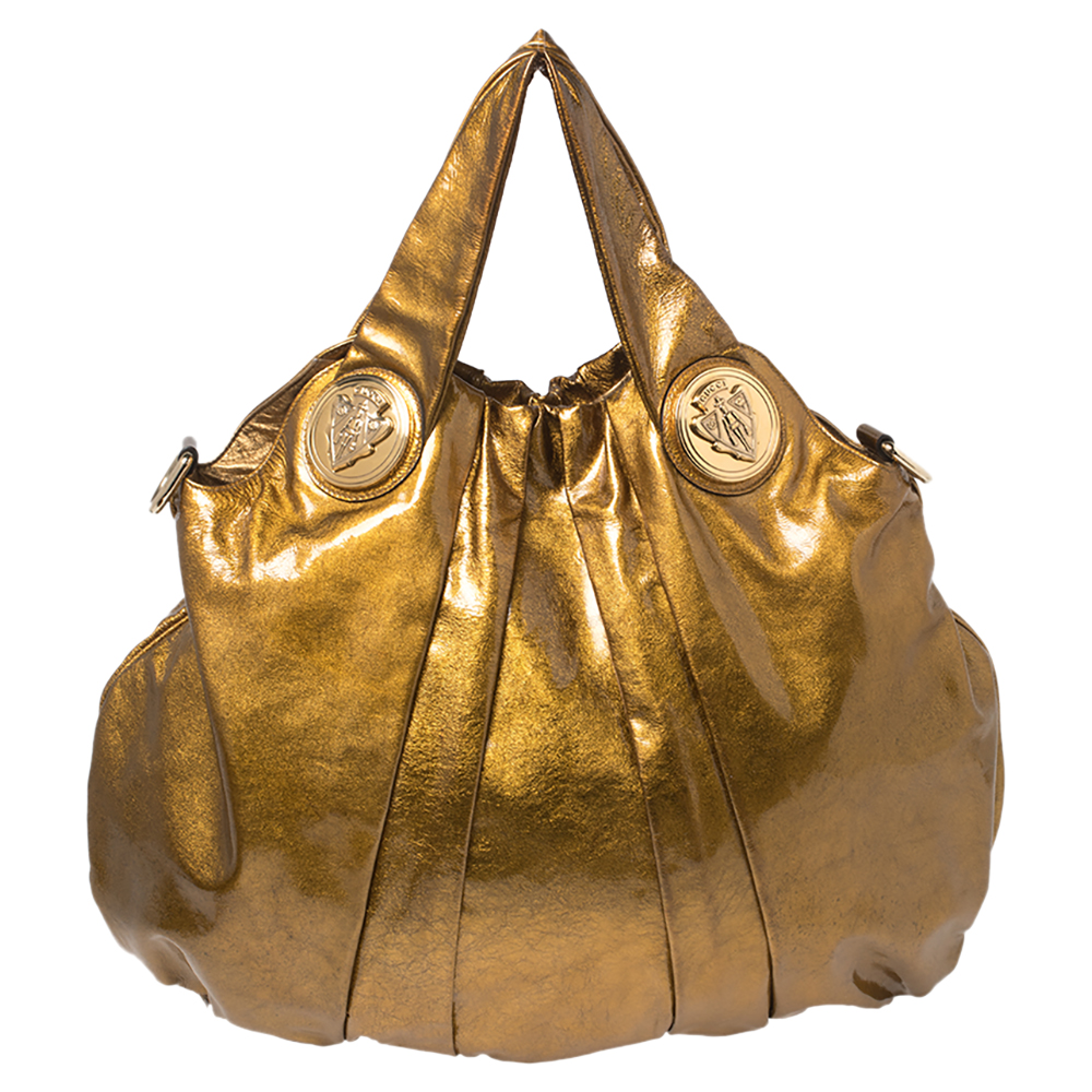 Gucci Metallic Gold Glossy Leather Large Hysteria Hobo