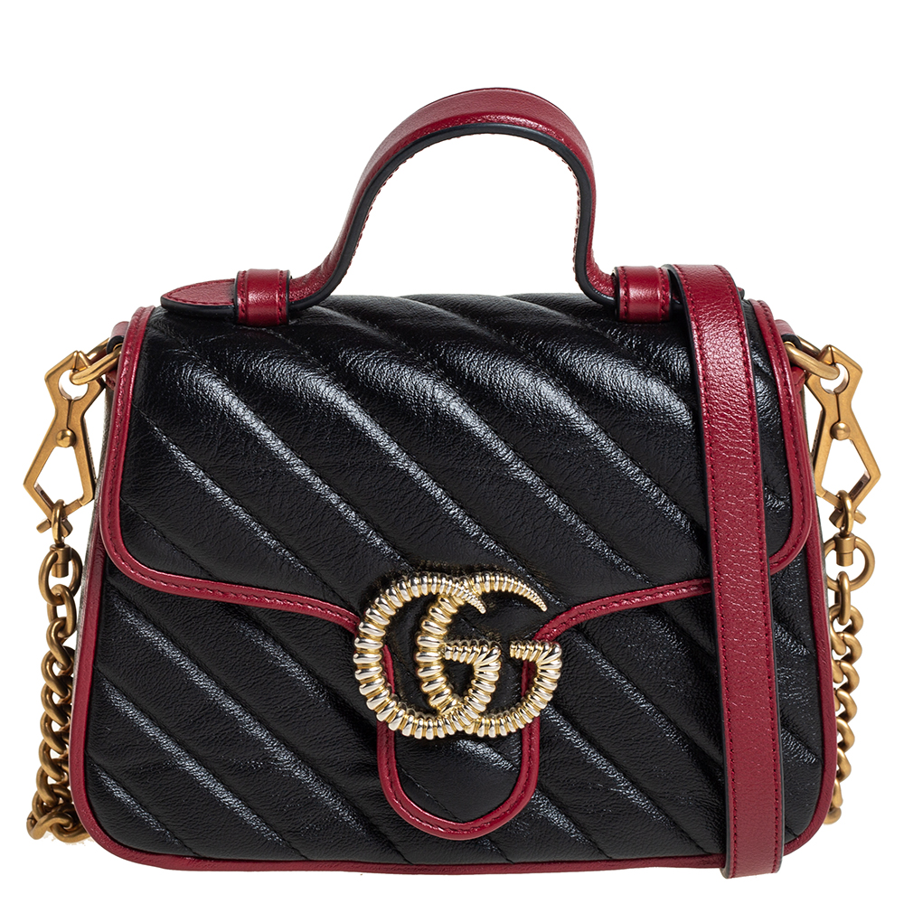 Gucci Black Diagonal Quilt Leather Mini GG Marmont Top Handle Bag
