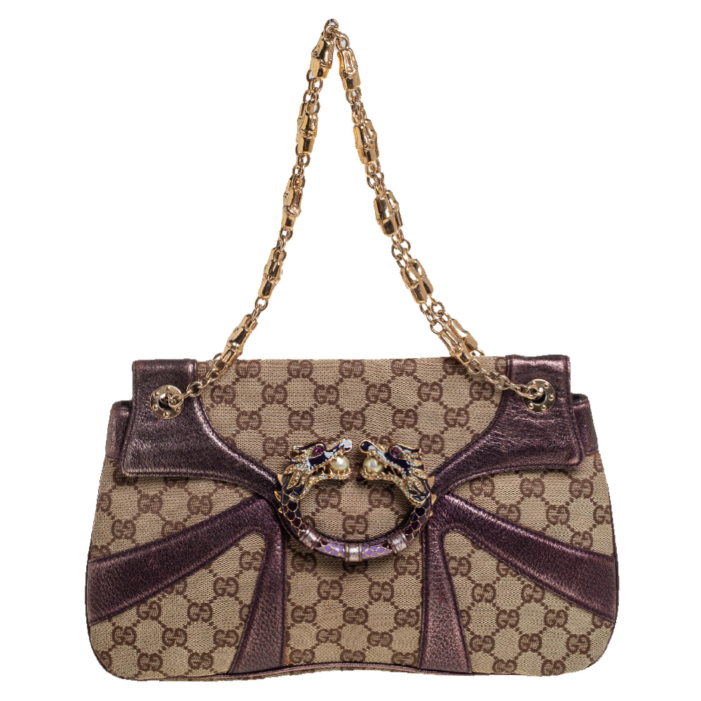 Gucci Metallic Purple/Beige GG Canvas and Leather Limited Edition Tom Ford Dragon Shoulder Bag
