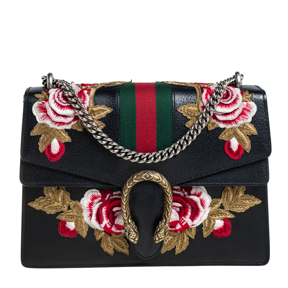 Gucci Black Floral Embroidered Leather Dionysus Shoulder Bag