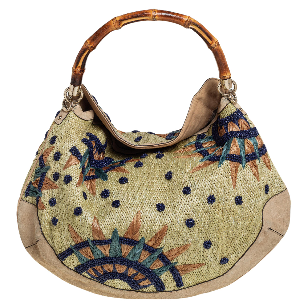 Gucci Beige Suede and Raffia Embroidered Peggy Bamboo Hobo