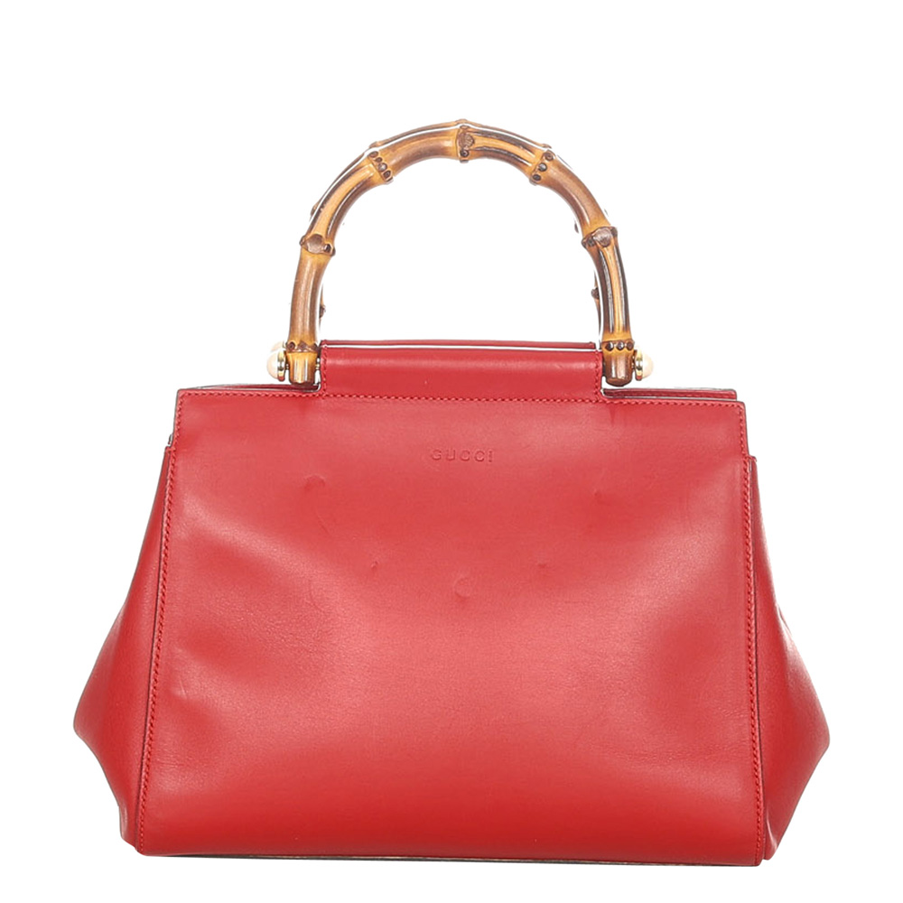 Gucci Red Leather Bamboo Nymphaea Satchel Bag