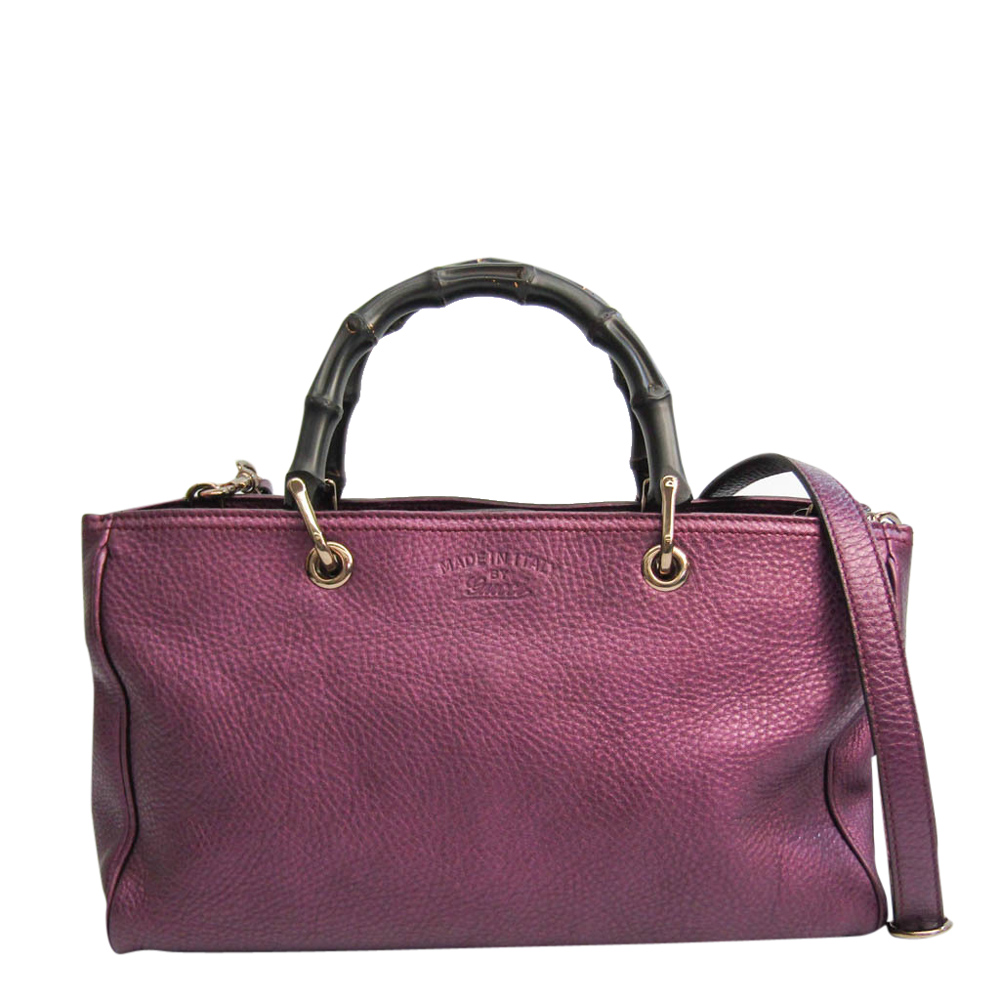 Gucci Purple Leather Bamboo Shopper Tote Bag