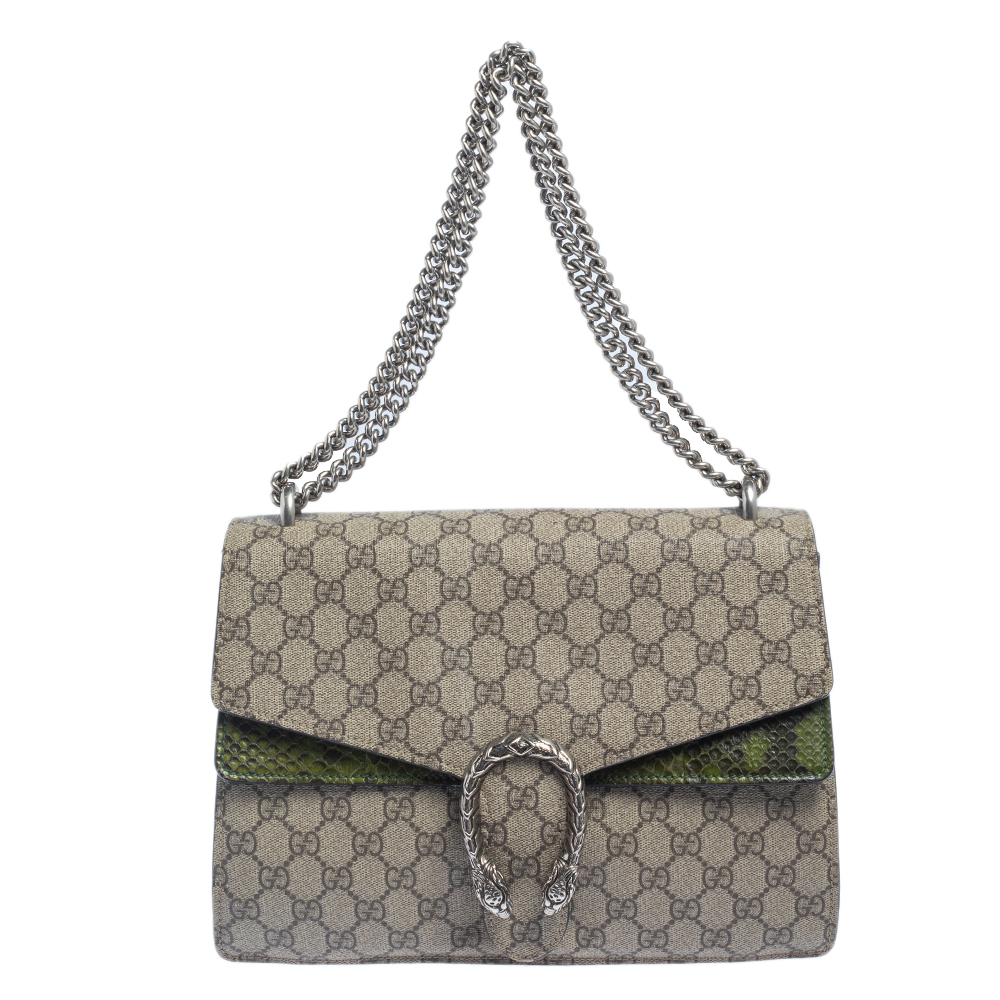 Gucci Beige/Green GG Supreme Canvas and Python Dionysus Medium Shoulder Bag