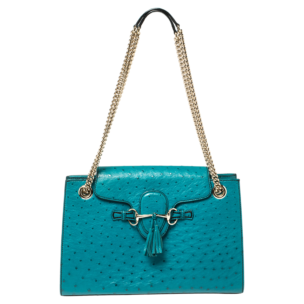 Gucci Teal Green Ostrich Large GCC Exclusive 7/10 Emily Chain Shoulder Bag