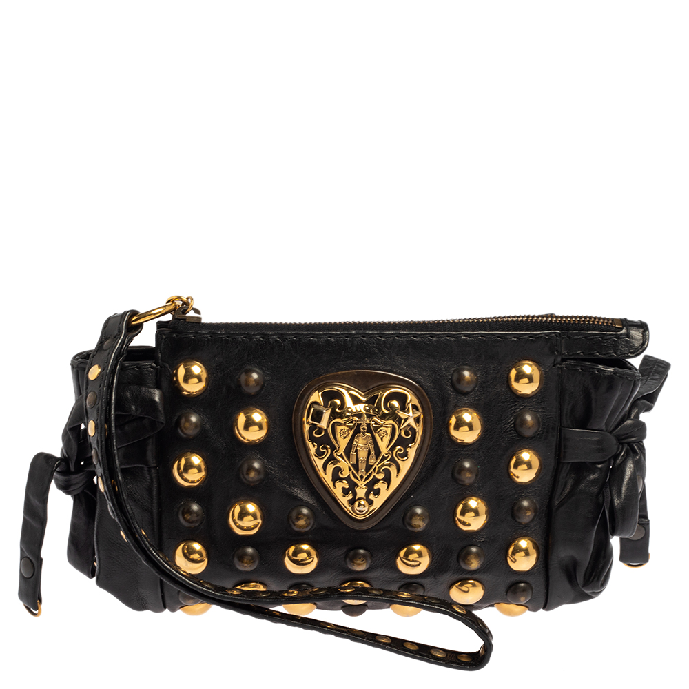 Gucci Black Leather Hysteria Studded Wristlet Clutch
