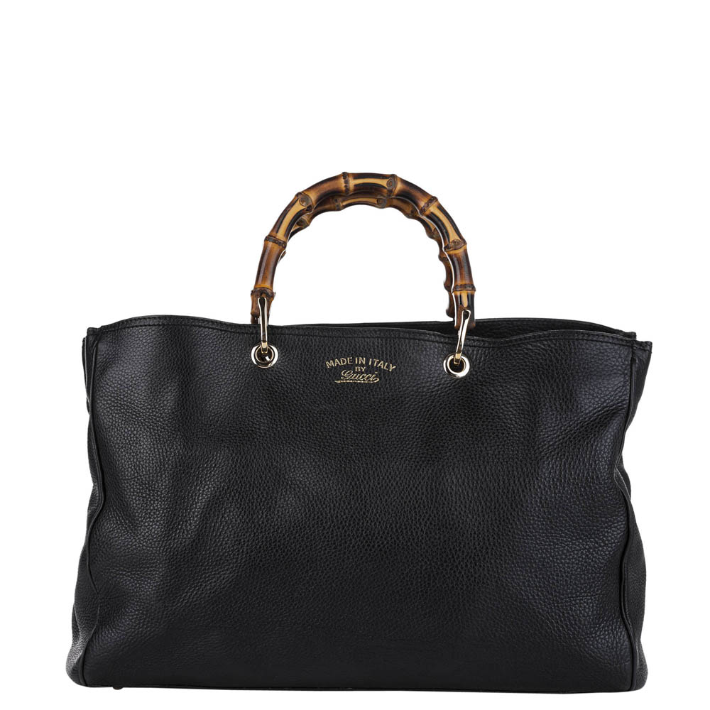 Gucci Black Leather Large Bamboo Tote Bag