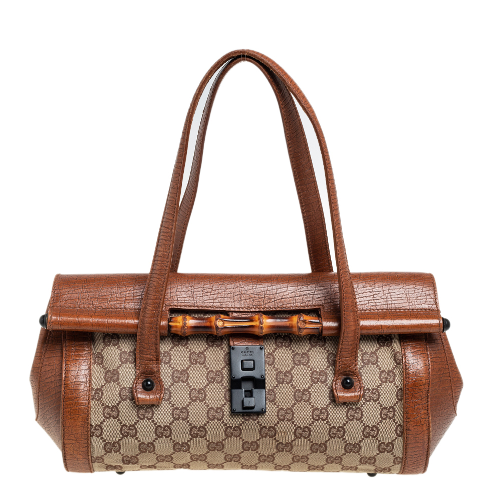 Gucci Brown/Beige GG Canvas and Leather Bamboo Bullet Satchel