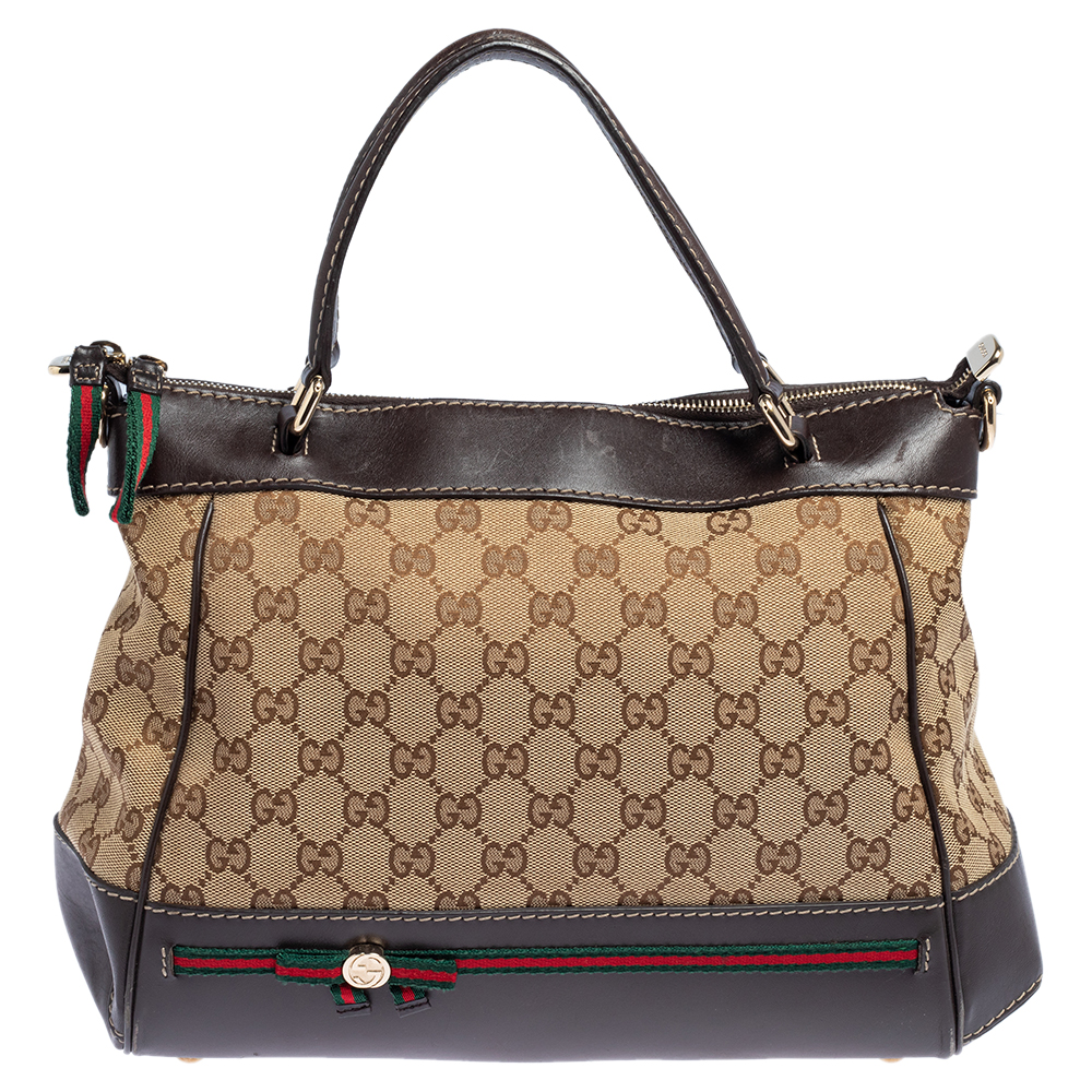 Gucci Beige/Ebony GG Canvas and Leather Large Mayfair Bow Satchel