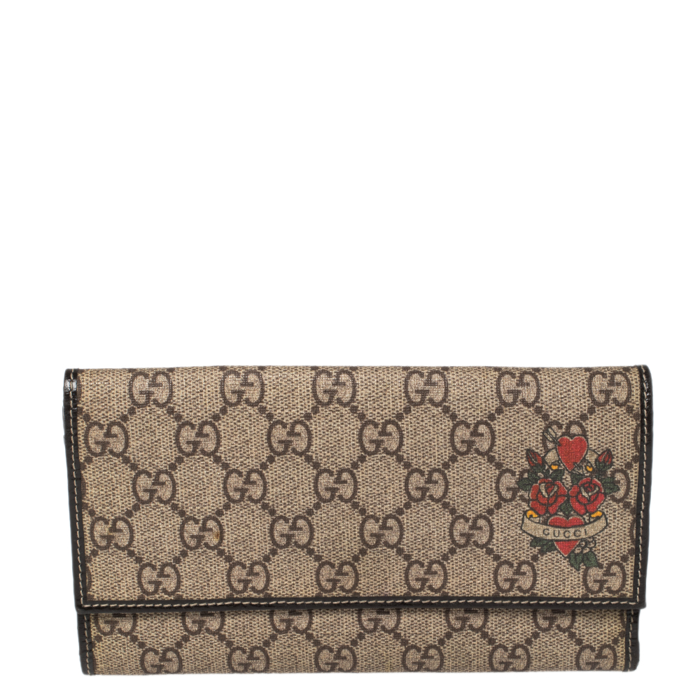 Gucci Brown/Beige GG Supreme and Patent Leather Trim Heart Tattoo Flap Wallet