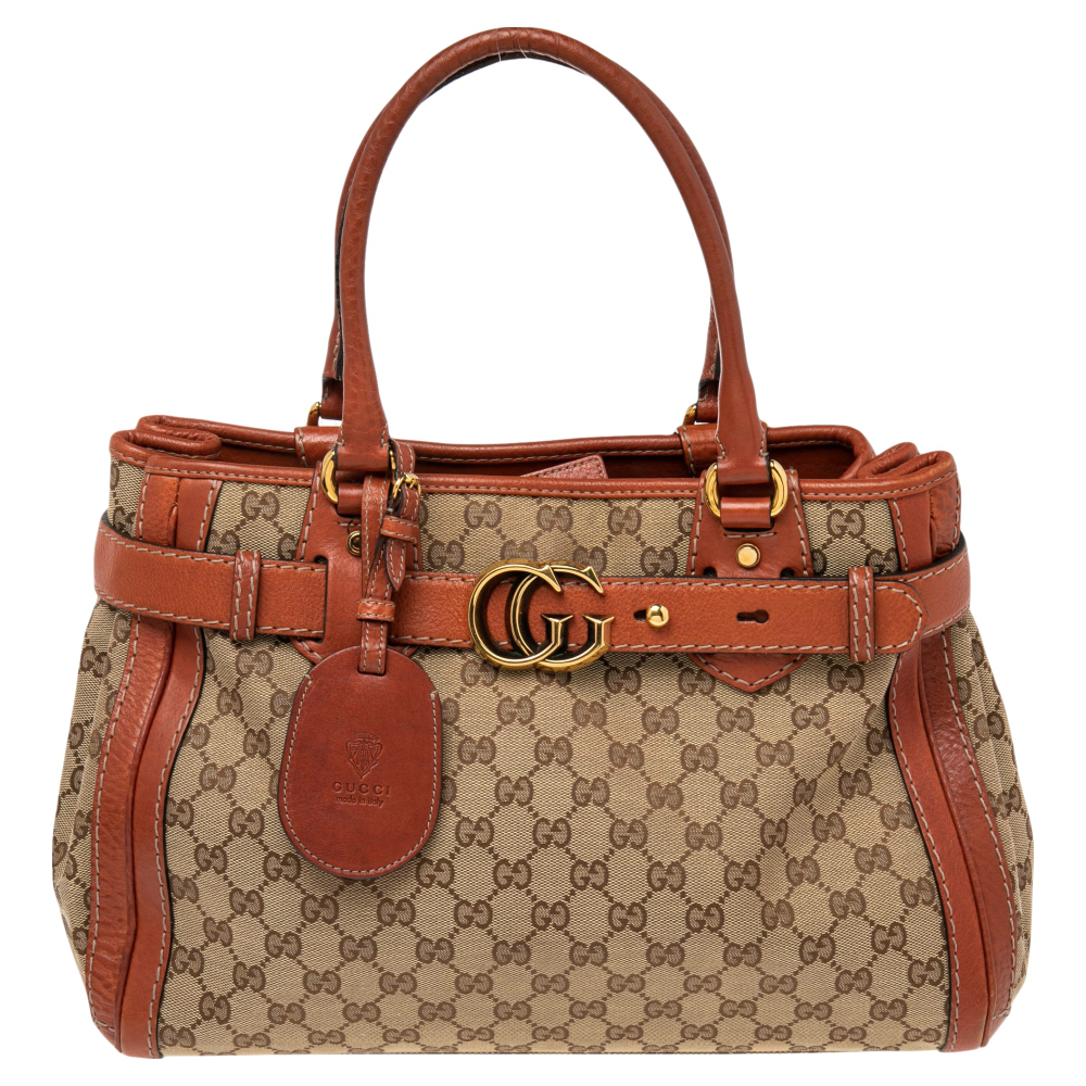 Gucci Beige/Orange GG Canvas and Leather Medium Running Tote