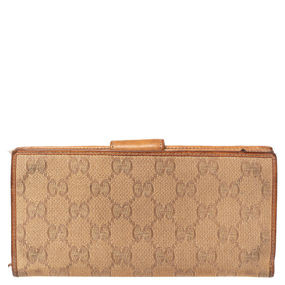 Gucci Metallic Beige GG Canvas And Leather D Ring Continental Wallet