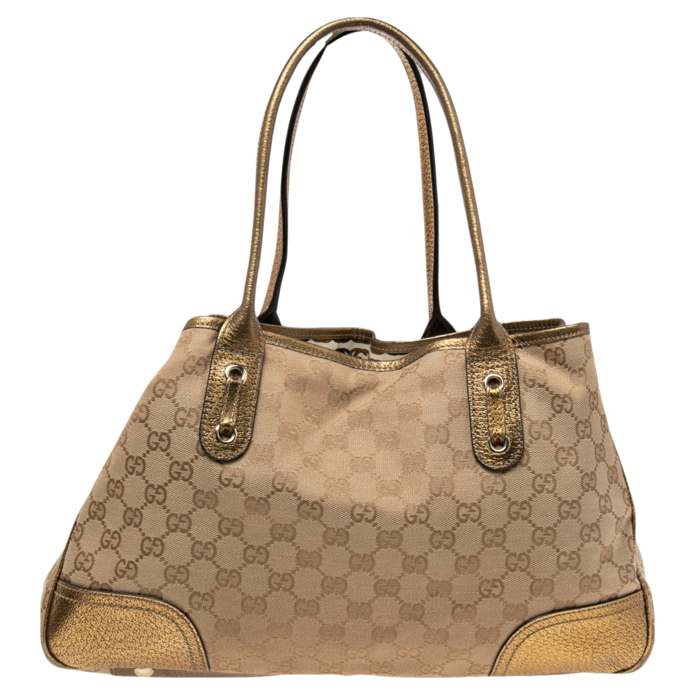 Gucci Gold/Beige GG Canvas And Leather Princy Tote